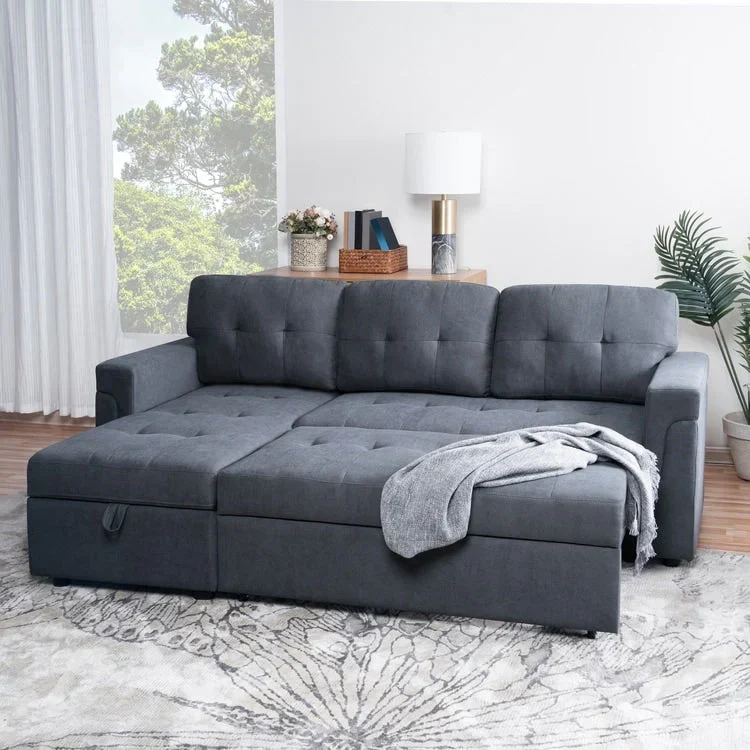 Canapé d'angle réversible convertible avec lit gigogne, méridienne de rangement et pieds durables