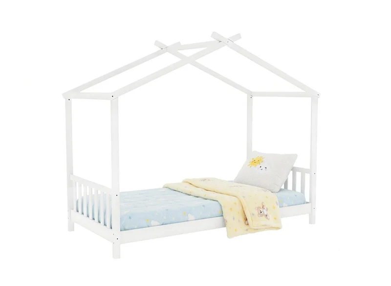 Lit cabane avec barreaux en bois blanc 90 x 190 cm NIDOU