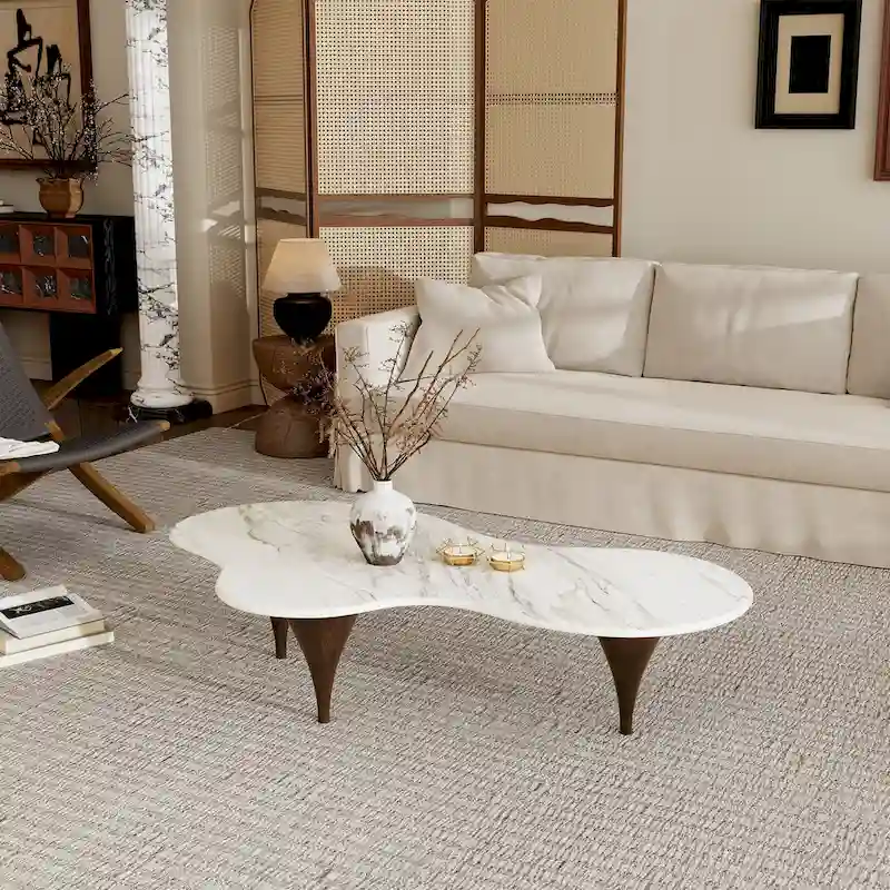 54.8 Table basse hétérosexuelle moderne, plateau en faux marbre, pieds en bois massif
