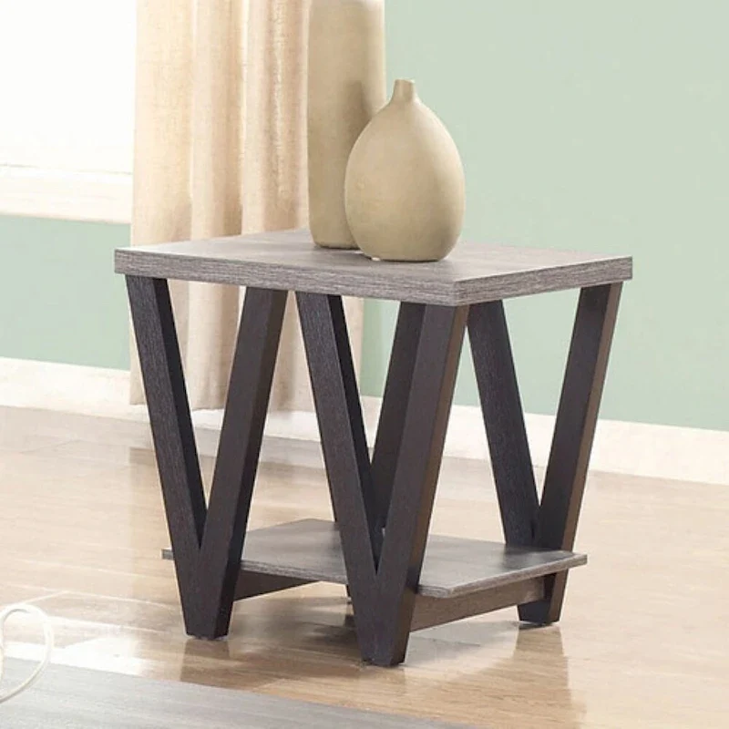 Table d'appoint contemporaine Zig-zag en bois massif avec étagère inférieure, gris et noir