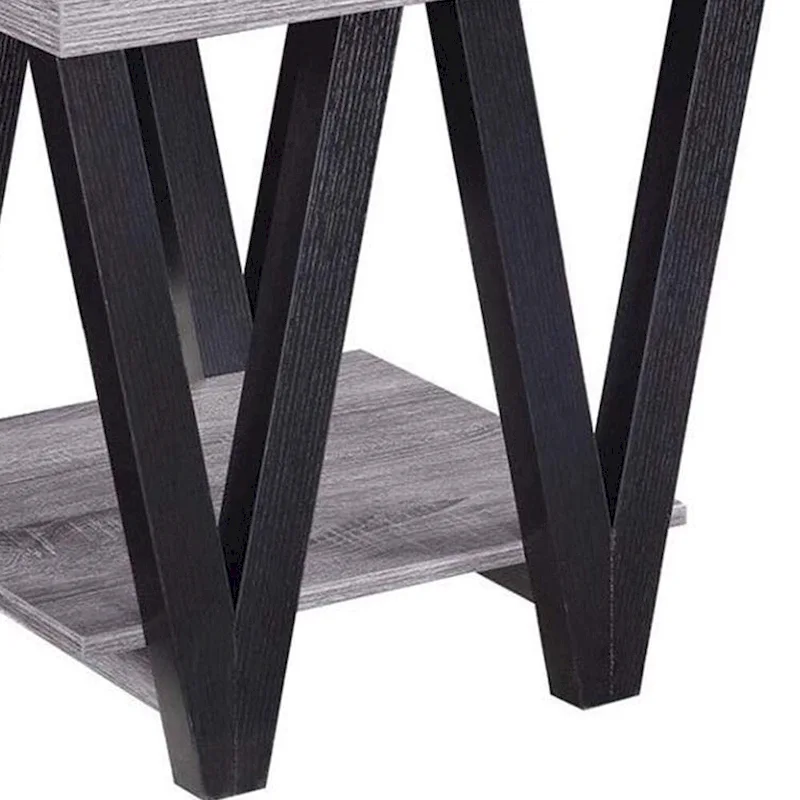 Table d'appoint contemporaine Zig-zag en bois massif avec étagère inférieure, gris et noir