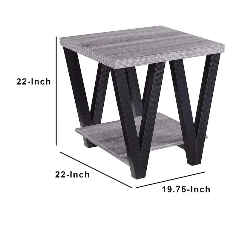 Table d'appoint contemporaine Zig-zag en bois massif avec étagère inférieure, gris et noir