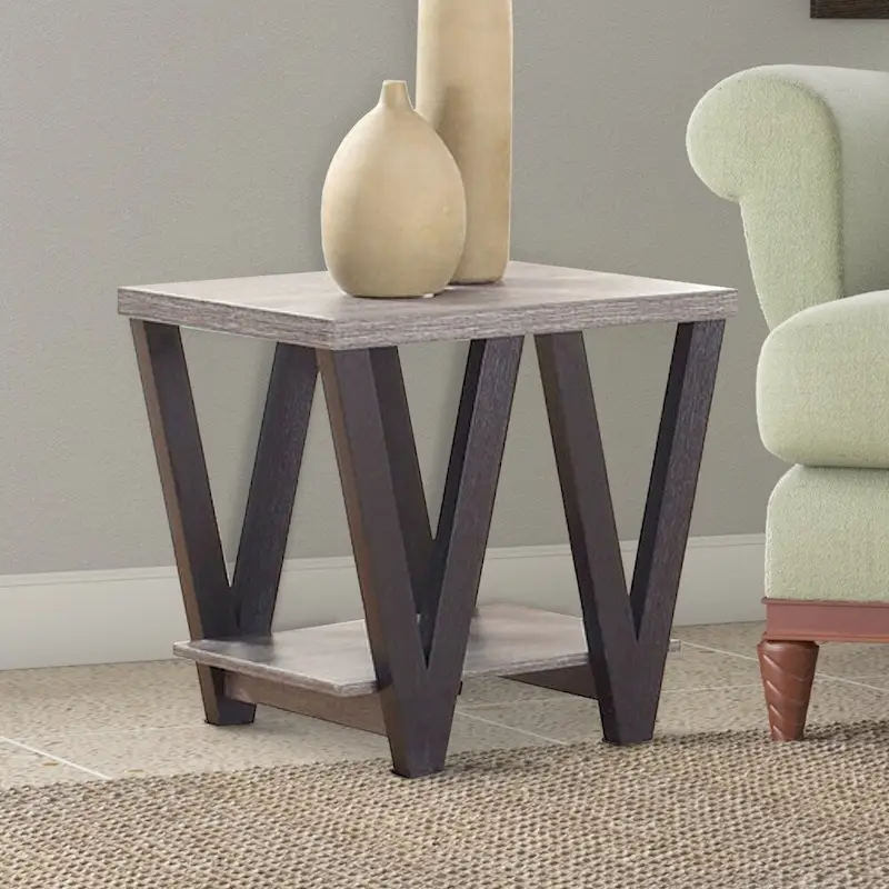 Table d'appoint contemporaine Zig-zag en bois massif avec étagère inférieure, gris et noir