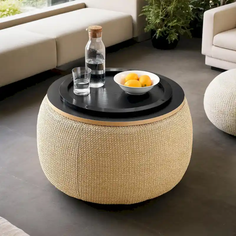 Pouf de rangement rond, pouf de table basse 3-en-1, table d'appoint faite à la main