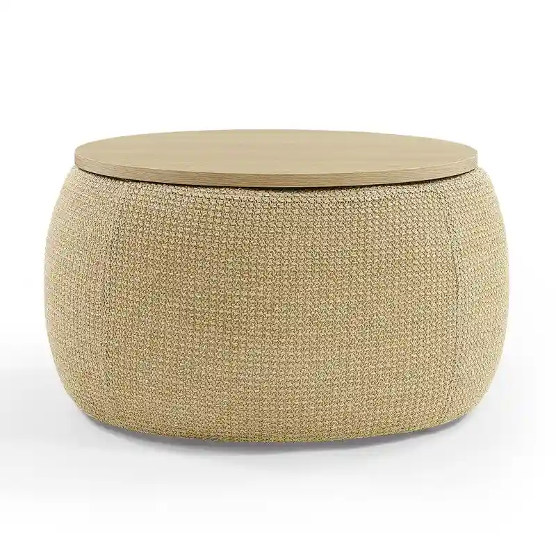 Pouf de rangement rond, pouf de table basse 3-en-1, table d'appoint faite à la main