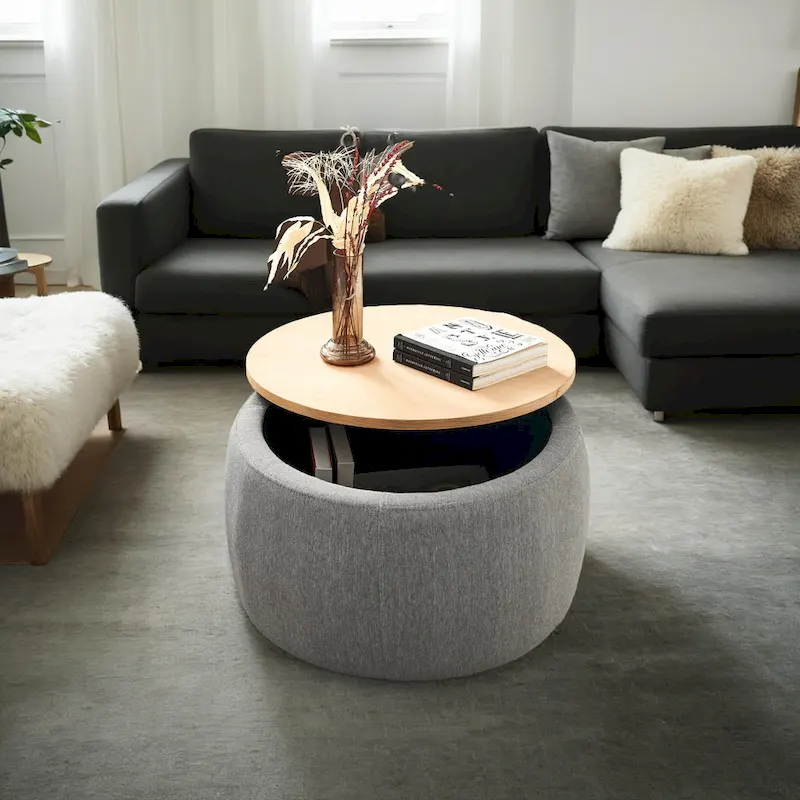 Pouf de rangement rond, pouf de table basse 3-en-1, table d'appoint faite à la main