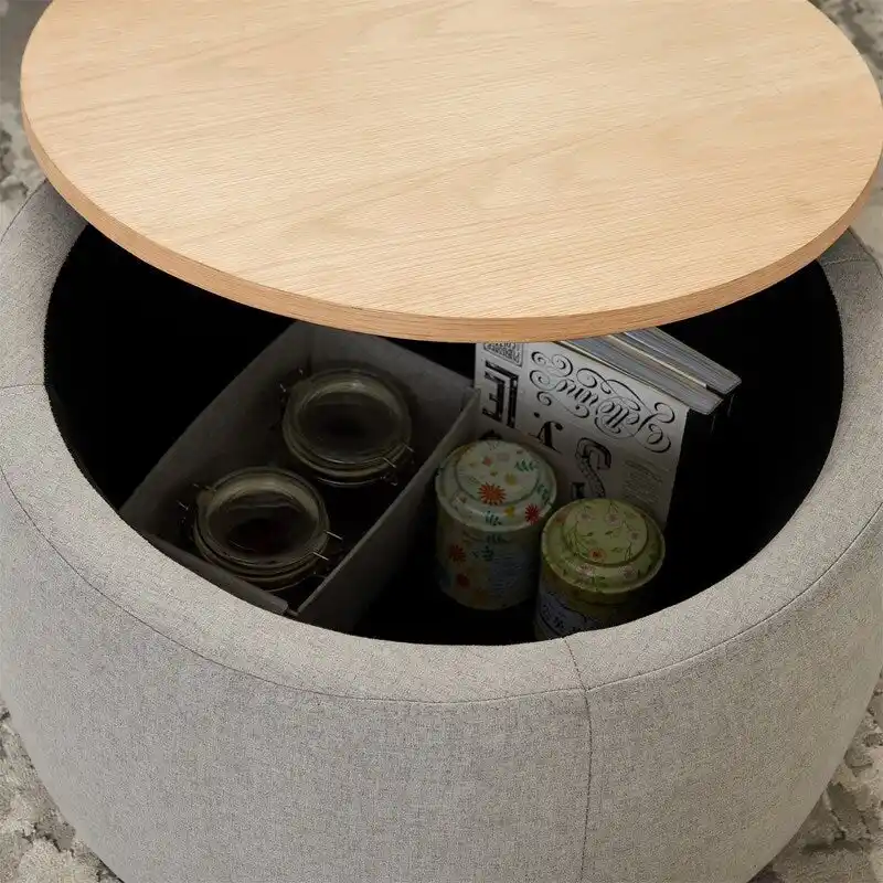 Pouf de rangement rond, pouf de table basse 3-en-1, table d'appoint faite à la main