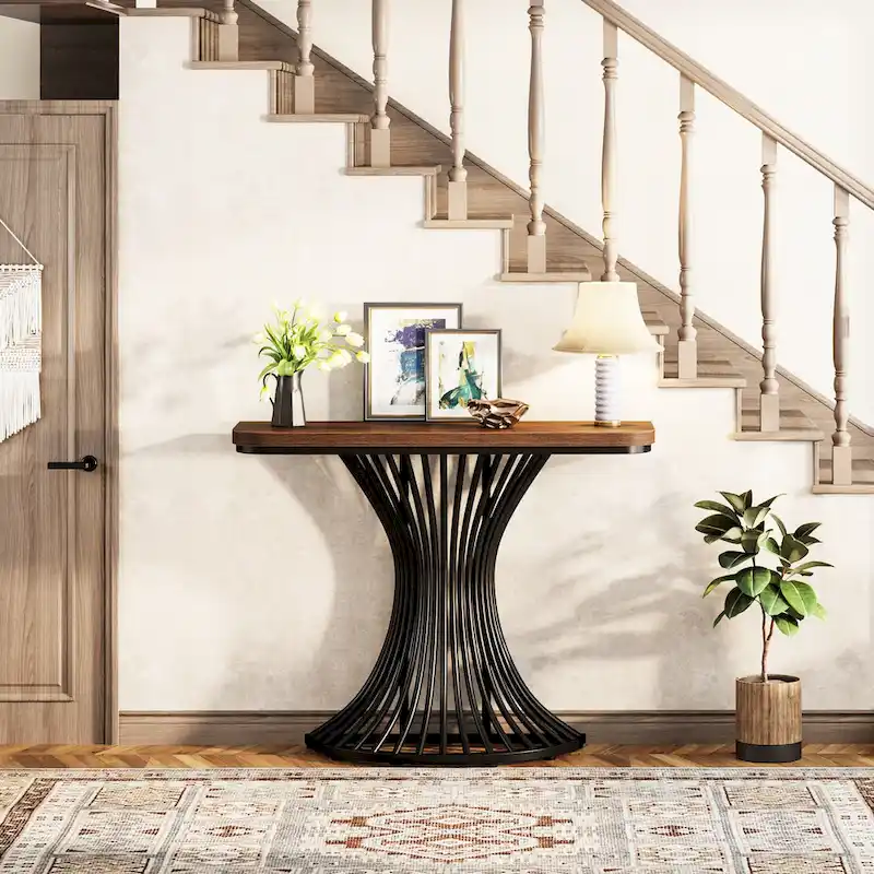 Table console industrielle de 39 pouces, petite table d'appoint de canapé avec base métallique géométrique - 39,37 (L) x 11,8 (P)
