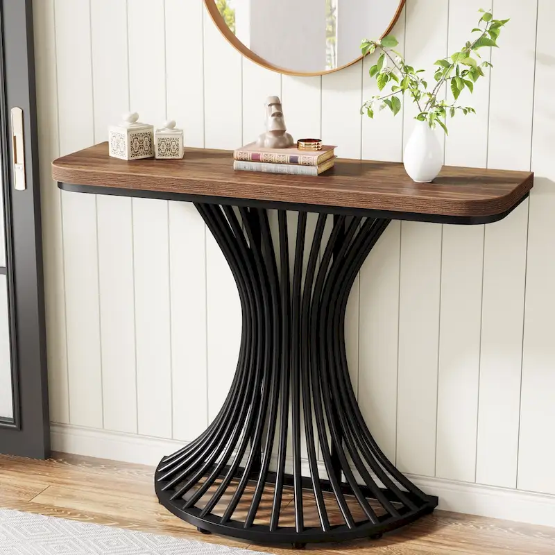 Table console industrielle de 39 pouces, petite table d'appoint de canapé avec base métallique géométrique - 39,37 (L) x 11,8 (P)