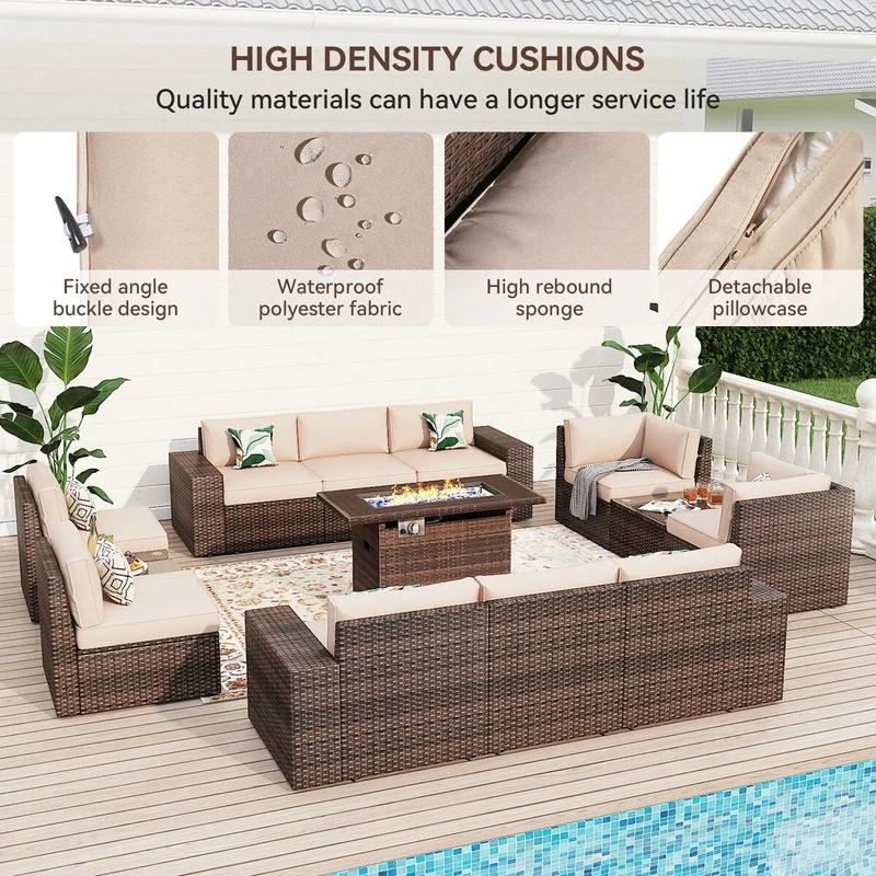 Ensemble de mobilier de jardin 13 pièces avec table brasero de 44 pouces