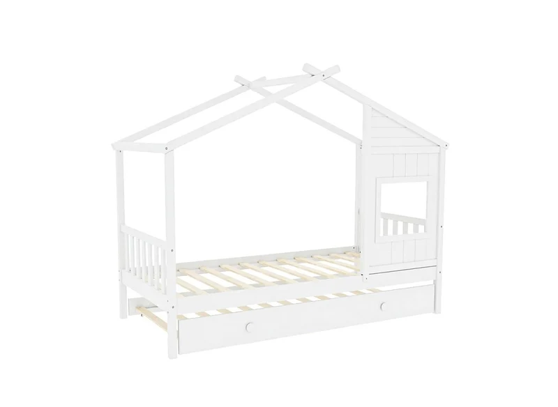 Lit gigogne cabane en bois blanc 90 x 190 cm MILIO