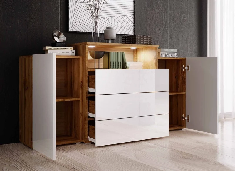 Buffet commodes 2 portes 3 tiroirs chêne et blanc avec LED - MARCEL