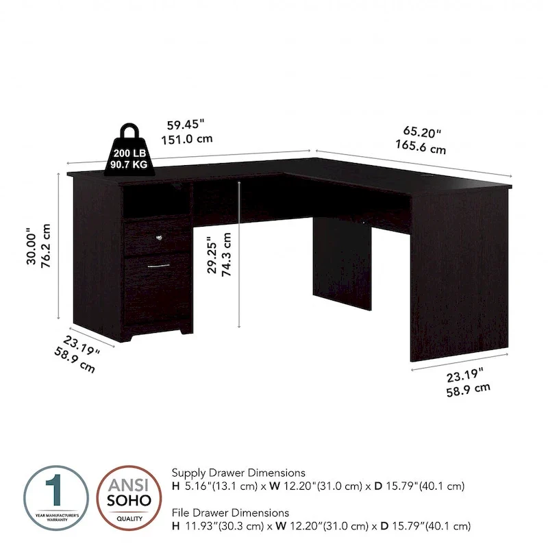 Bureau d'angle en L de 152,4 cm avec huche et tiroirs par