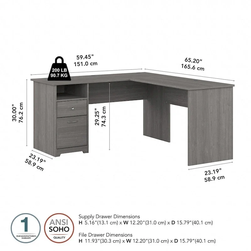Bureau d'angle en L de 152,4 cm avec huche et tiroirs par