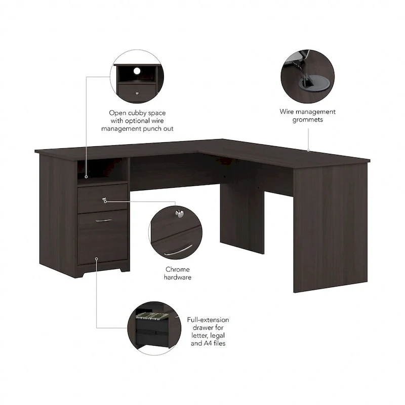 Bureau d'angle en L de 152,4 cm avec huche et tiroirs par