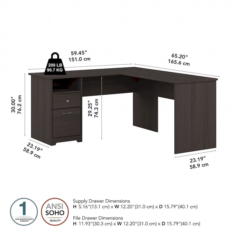 Bureau d'angle en L de 152,4 cm avec huche et tiroirs par
