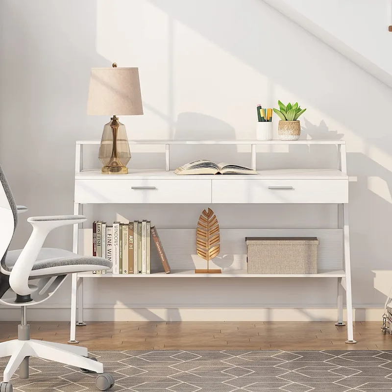 Bureau informatique avec 2 tiroirs et étagère de rangement, support pour écran