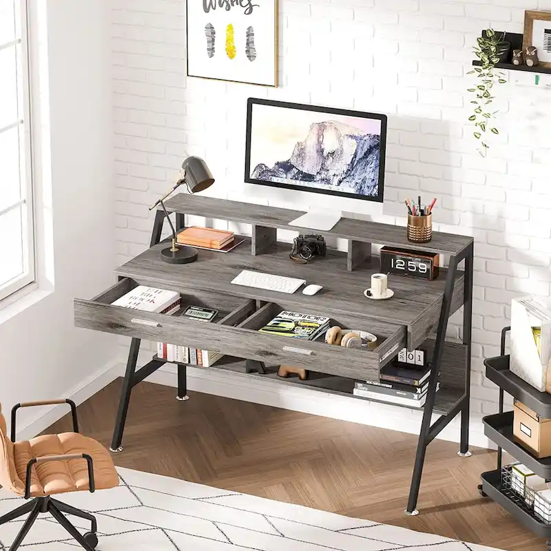 Bureau informatique avec 2 tiroirs et étagère de rangement, support pour écran