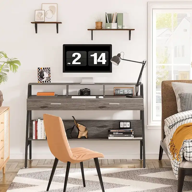 Bureau informatique avec 2 tiroirs et étagère de rangement, support pour écran