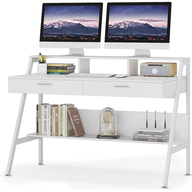 Bureau informatique avec 2 tiroirs et étagère de rangement, support pour écran