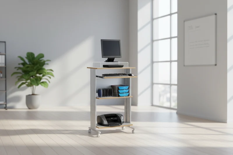 Bureau d'ordinateur mobile debout et support d'imprimante avec rangement