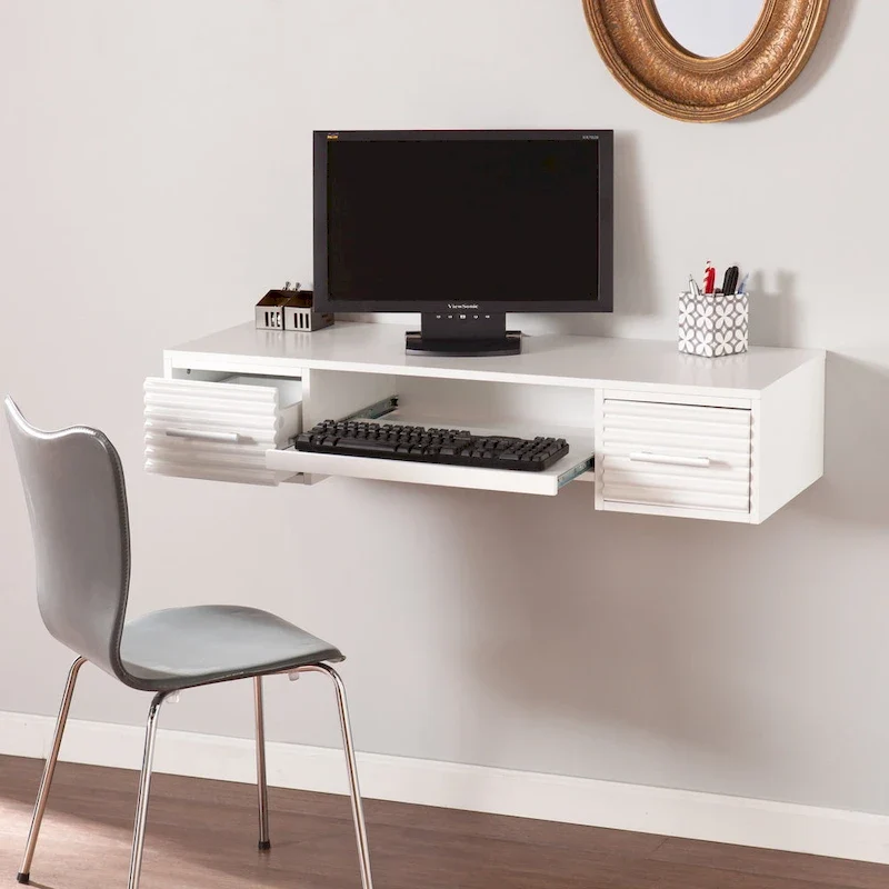 Bureau mural flottant moderne blanc à 2 tiroirs
