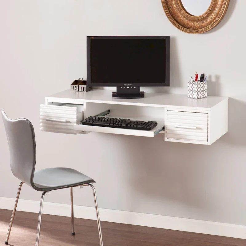Bureau mural flottant moderne blanc à 2 tiroirs