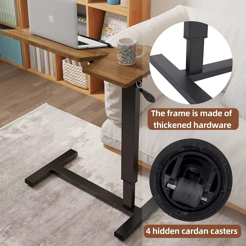 Table de lit réglable en hauteur, bureau d'ordinateur portable inclinable avec 4 roulettes