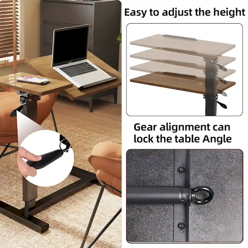Table de lit réglable en hauteur, bureau d'ordinateur portable inclinable avec 4 roulettes