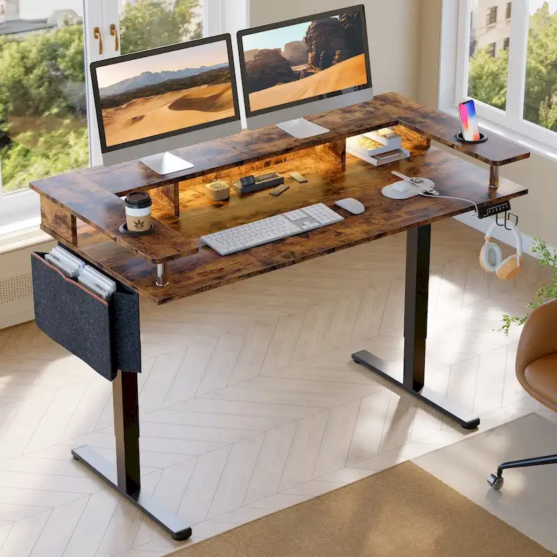 Bureau électrique debout à hauteur réglable avec rangement et support d'écran