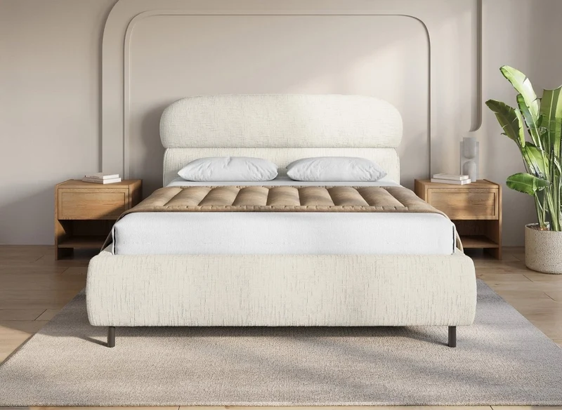 Lit coffre en velours chiné beige 140x190cm MELO