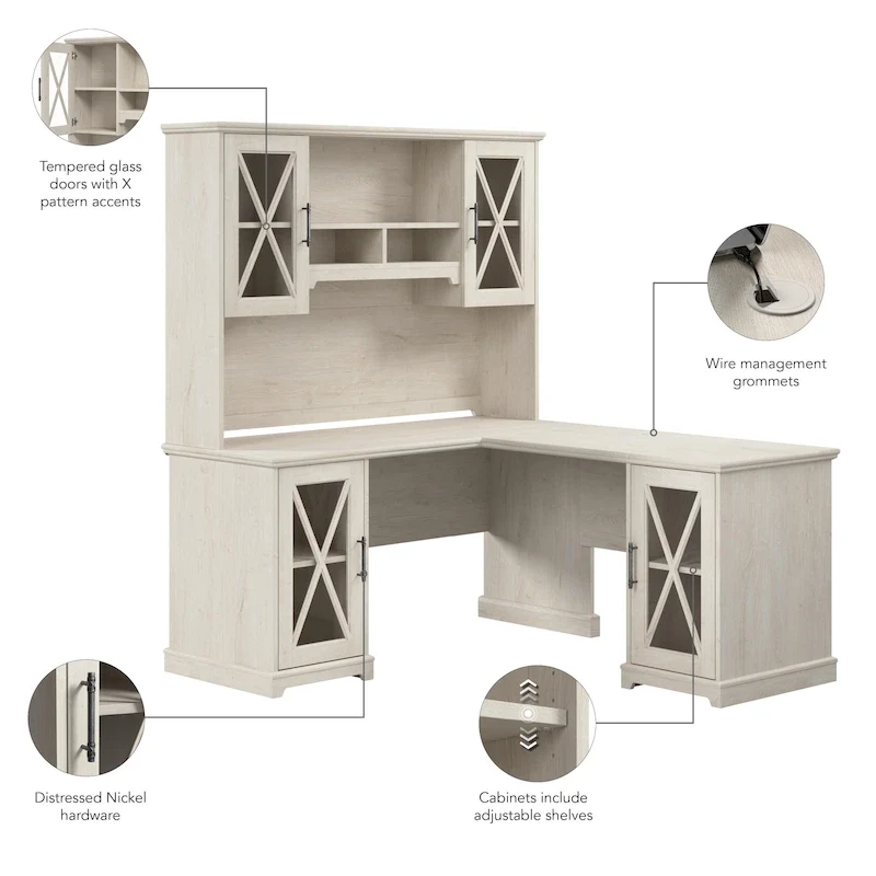 Bureau en L avec huche et armoires de rangement
