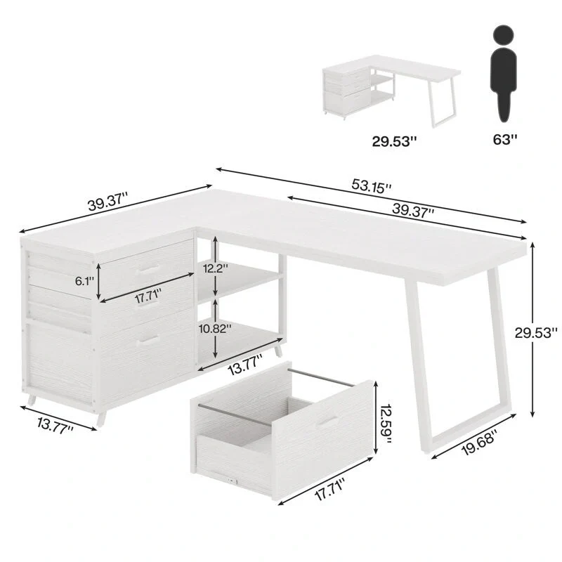 Bureau d'angle en L réversible avec tiroirs de classement, bureau d'ordinateur d'angle