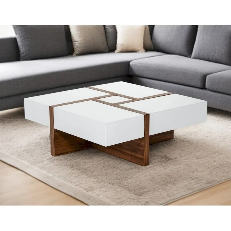 Table basse carrée moderne blanche et noyer avec rangement