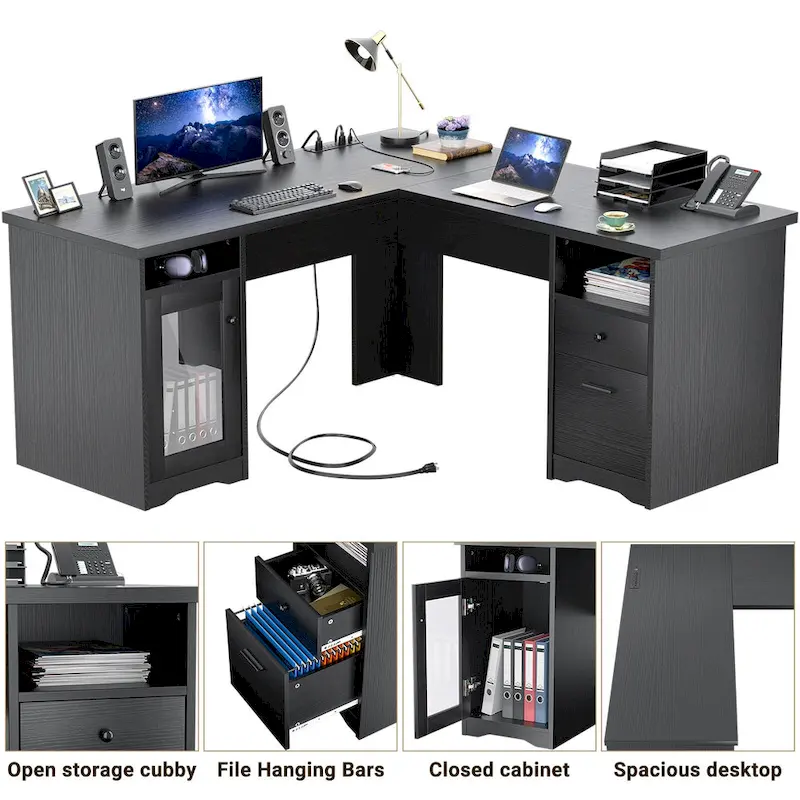 Bureau d'angle moderne de style ferme avec classeur et tiroirs, bureau de direction avec station de charge