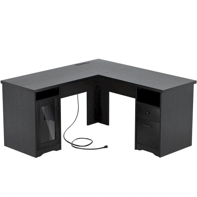 Bureau d'angle moderne de style ferme avec classeur et tiroirs, bureau de direction avec station de charge