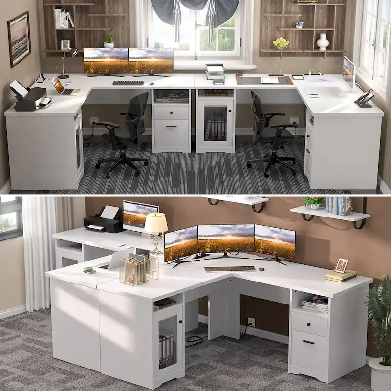 Bureau d'angle moderne de style ferme avec classeur et tiroirs, bureau de direction avec station de charge