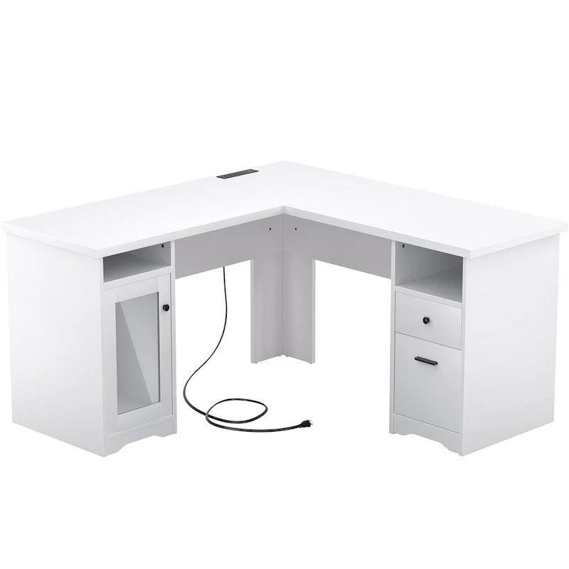 Bureau d'angle moderne de style ferme avec classeur et tiroirs, bureau de direction avec station de charge