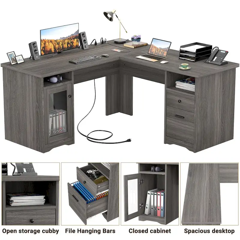 Bureau d'angle moderne de style ferme avec classeur et tiroirs, bureau de direction avec station de charge