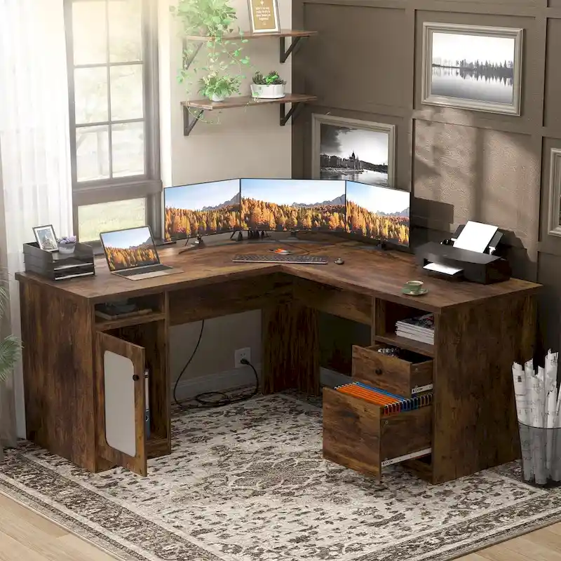 Bureau d'angle moderne de style ferme avec classeur et tiroirs, bureau de direction avec station de charge