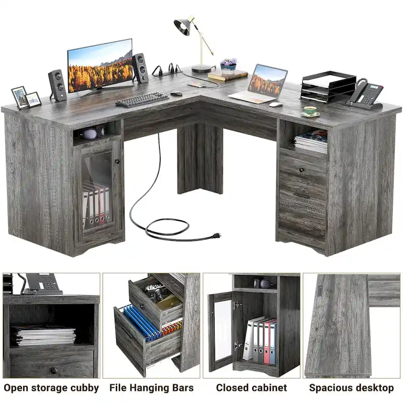 Bureau d'angle moderne de style ferme avec classeur et tiroirs, bureau de direction avec station de charge