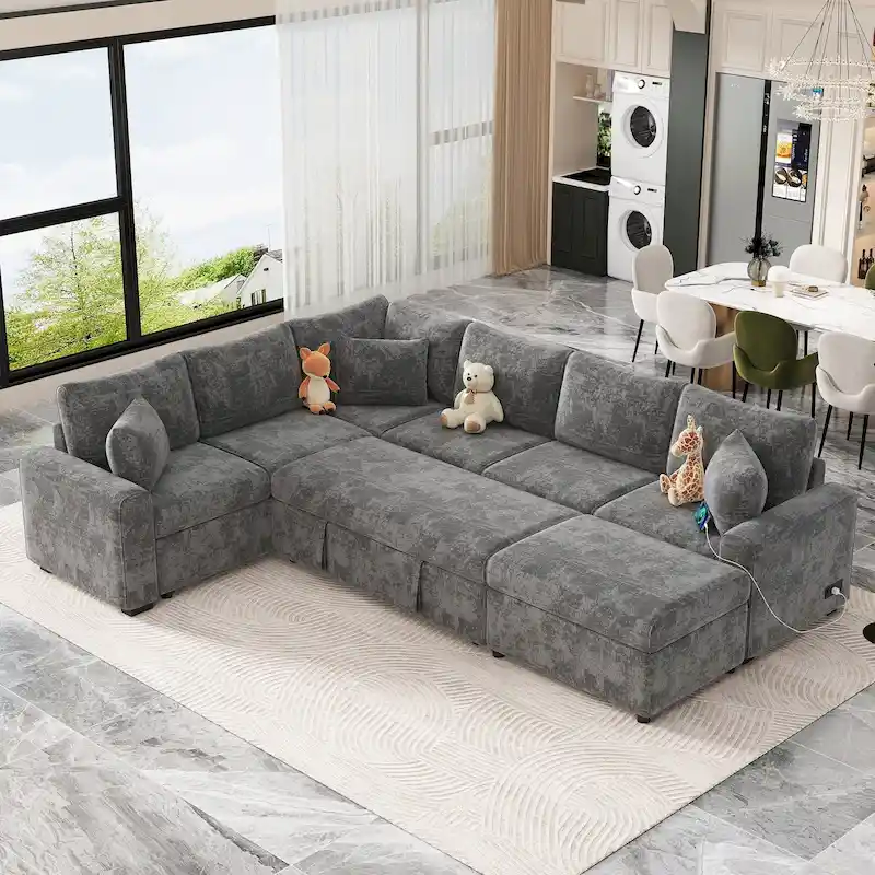 Canapé d'angle en chenille convertible, canapé-lit en forme de L avec pouf de rangement, 3 oreillers et dispositifs de charge