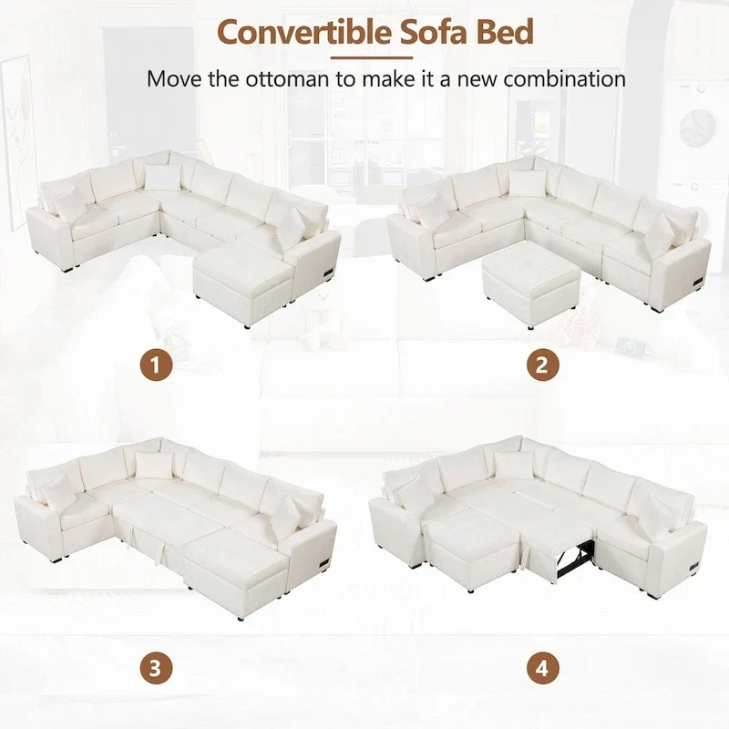 Canapé d'angle en chenille convertible, canapé-lit en forme de L avec pouf de rangement, 3 oreillers et dispositifs de charge