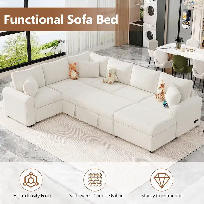 Canapé d'angle en chenille convertible, canapé-lit en forme de L avec pouf de rangement, 3 oreillers et dispositifs de charge