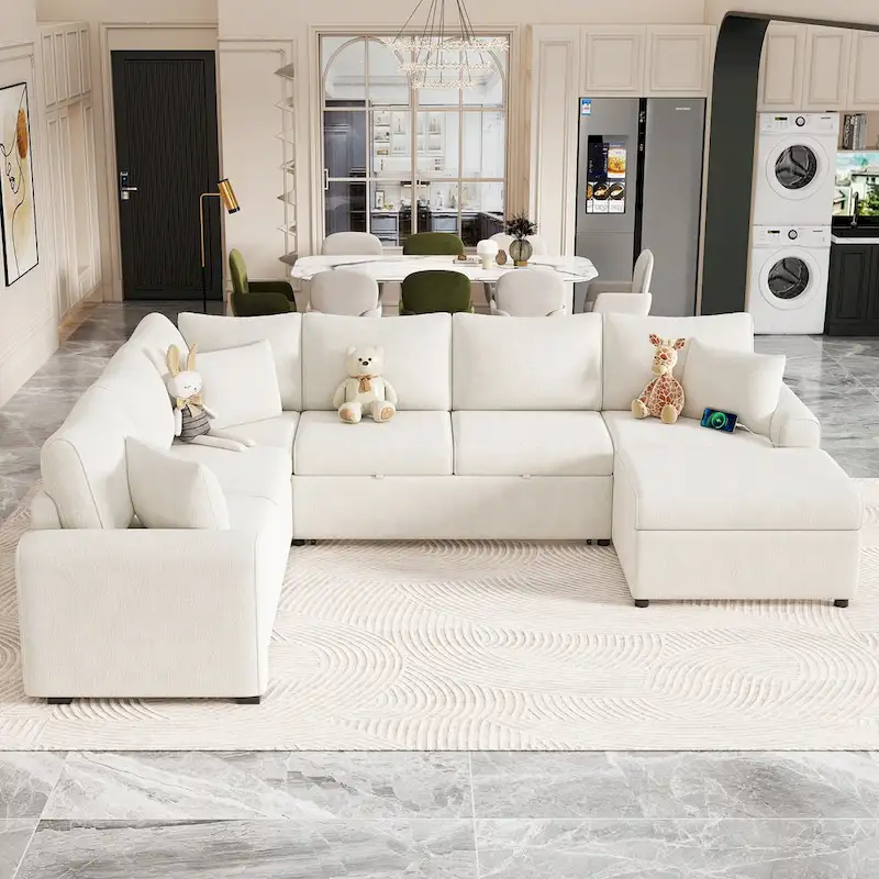 Canapé d'angle en chenille convertible, canapé-lit en forme de L avec pouf de rangement, 3 oreillers et dispositifs de charge
