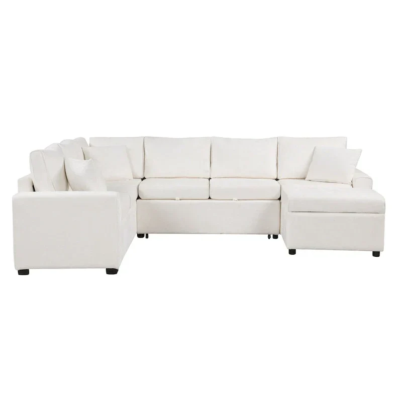 Canapé d'angle en chenille convertible, canapé-lit en forme de L avec pouf de rangement, 3 oreillers et dispositifs de charge