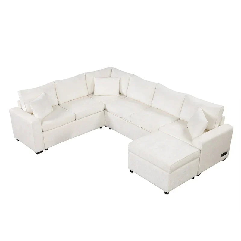 Canapé d'angle en chenille convertible, canapé-lit en forme de L avec pouf de rangement, 3 oreillers et dispositifs de charge