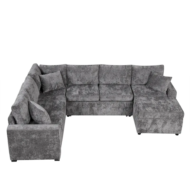 Canapé d'angle en chenille convertible, canapé-lit en forme de L avec pouf de rangement, 3 oreillers et dispositifs de charge