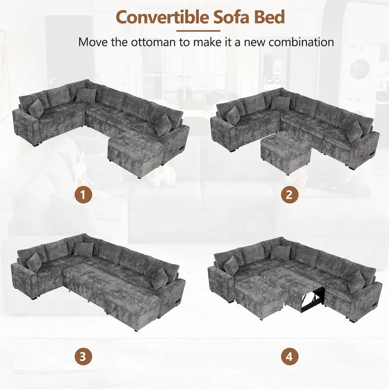 Canapé d'angle en chenille convertible, canapé-lit en forme de L avec pouf de rangement, 3 oreillers et dispositifs de charge