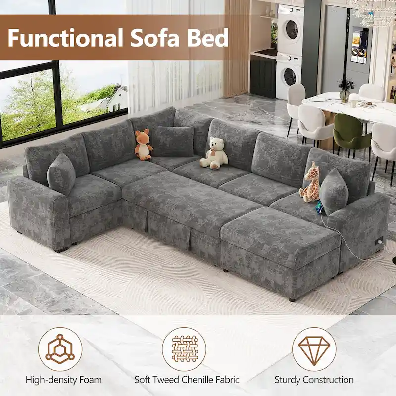 Canapé d'angle en chenille convertible, canapé-lit en forme de L avec pouf de rangement, 3 oreillers et dispositifs de charge